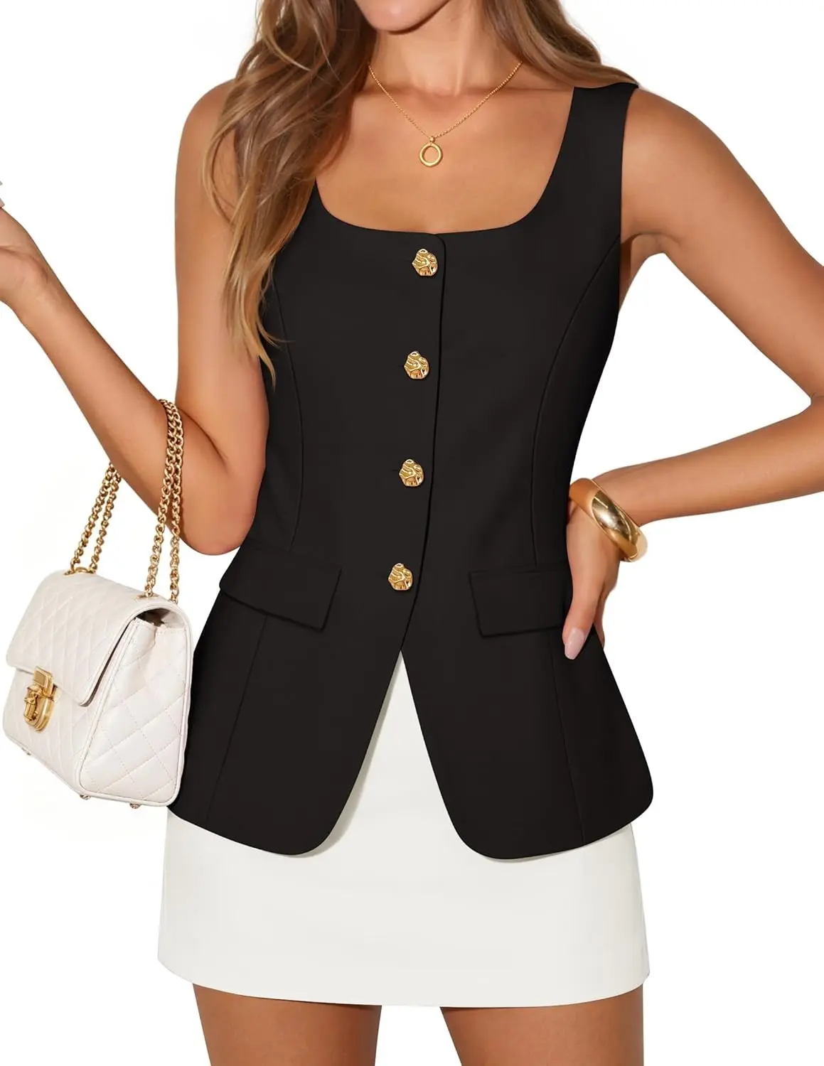 2026 Summer Casual Sleeveless Suit Vest for Women Square Neck Button Down Work Business Blazer Vests Waistcoat