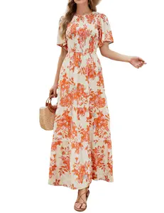 Zeagoo Live Women's 2025 Summer Casual Floral Print Short Flutter Sleeve Crew Neck Smocked High Waist Flowy Maxi