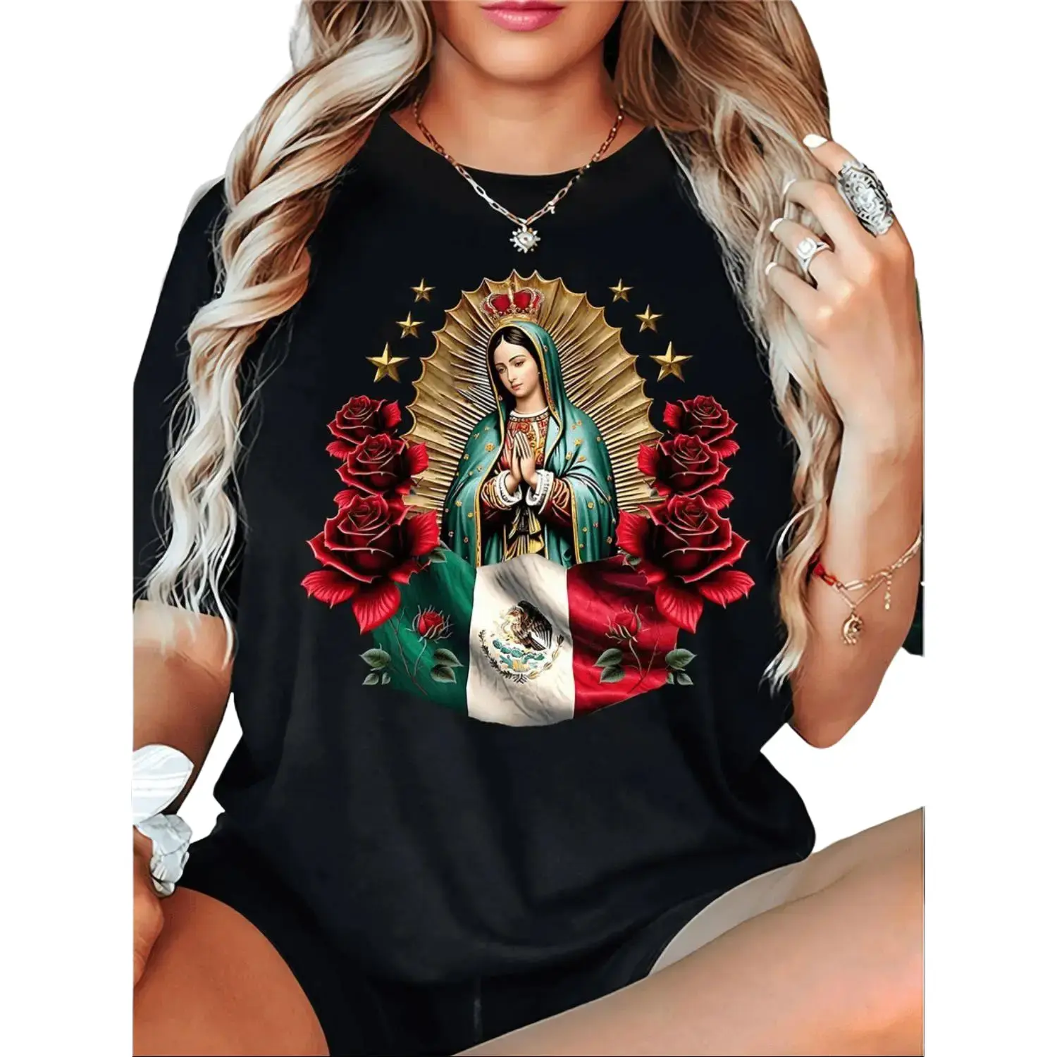 [Virgin Mary Mexican Flag Tee] Women's Virgin Mary & Mexican Flag Print Short Sleeve T-Shirt - Black Religious Casual Top with Red Roses, Medium Stretch, Regular Fit Round Neck, Machine Washable All-Season Tee, Mexican T Shirt, Me