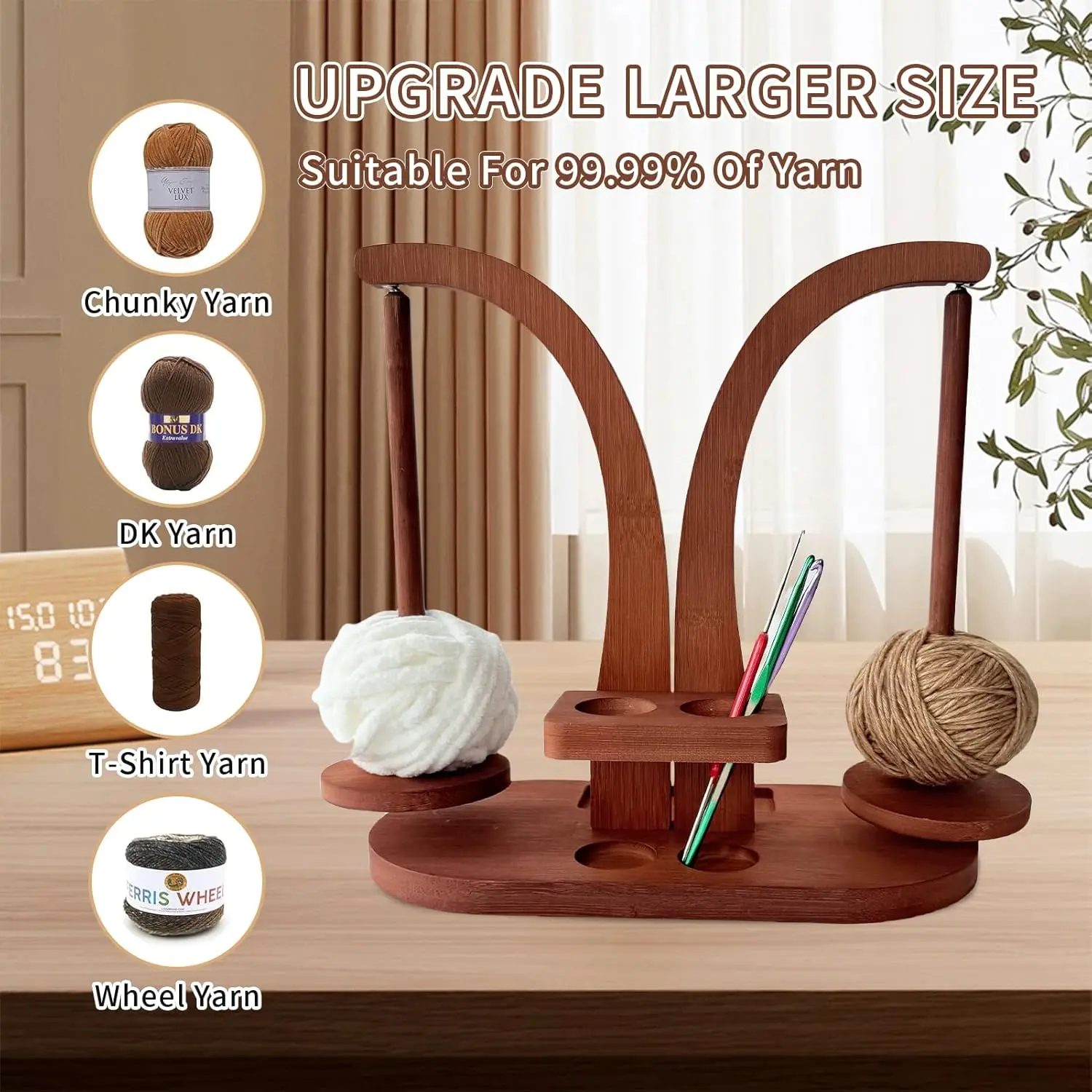 Magnetic Wooden Yarn Holder - Wooden Body 2-Smooth Rotating Spindles Dispenser, Less Tangles Storage Rack, Magnetic Holders Gift for Knitters & Weavers (Home Organizer)