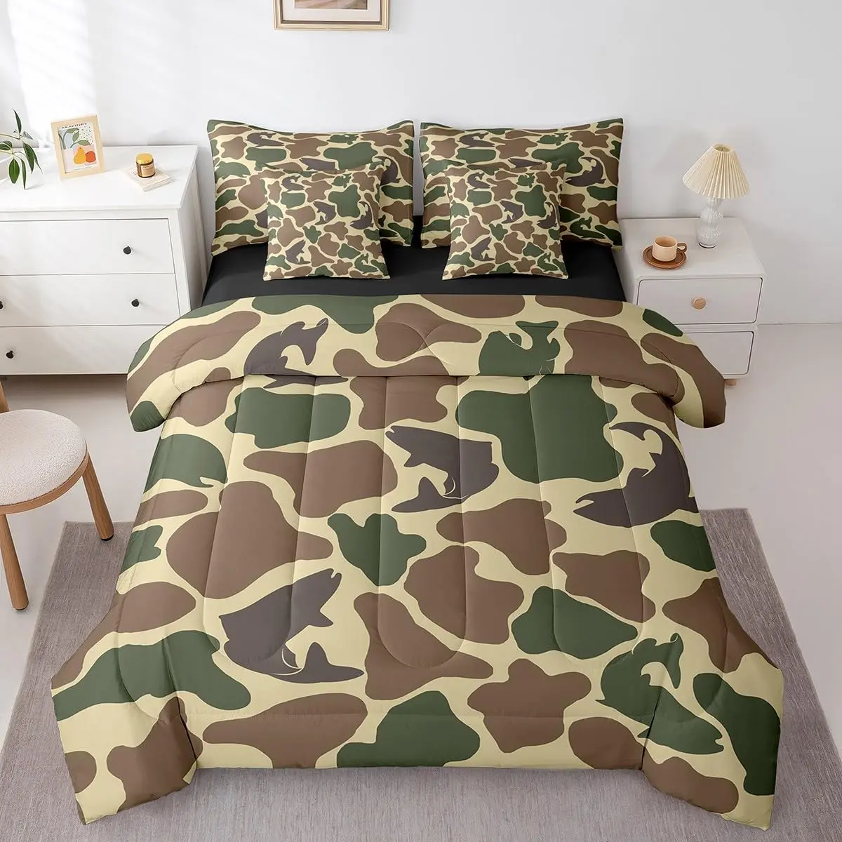 Bass Fish Comforter Set Fishing Camo Bedding Sets 7Pcs Rustic Farmhouse Bed in a Bag Army Camouflage Sheet Set with Comforter Vintage Brown Green Decor Bed Set Outdoor Camping Gifts