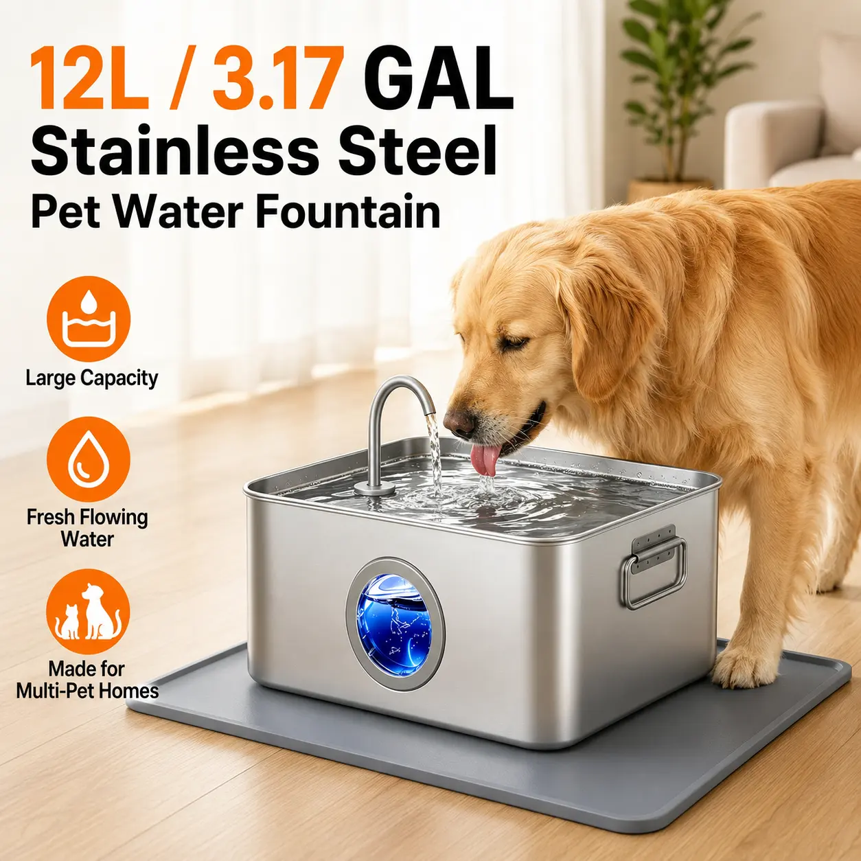 12L Stainless Steel Pet Water Fountain for Dogs & Cats, Large Capacity Automatic Water Dispenser with LED Water Level Indicator, Quiet Pump & Multi-Pet Drinking Tray sohochic