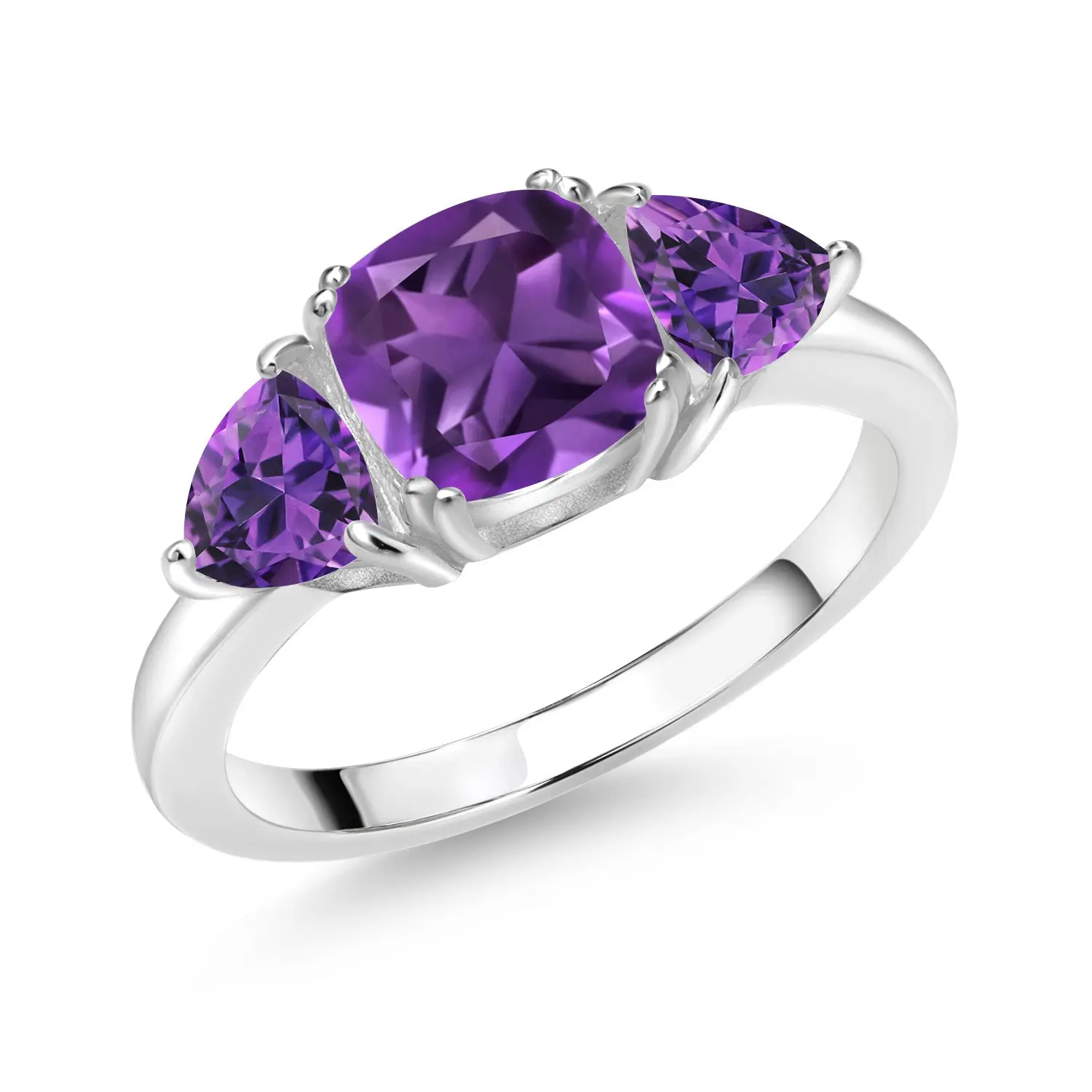 925 Sterling Silver Gemstone Birthstone 3-Stone Engagement Ring for Women | 7MM Cushion and 5MM Trillion | Three Stone Promise Anniversary Wedding Ring | Sizes 5-9
