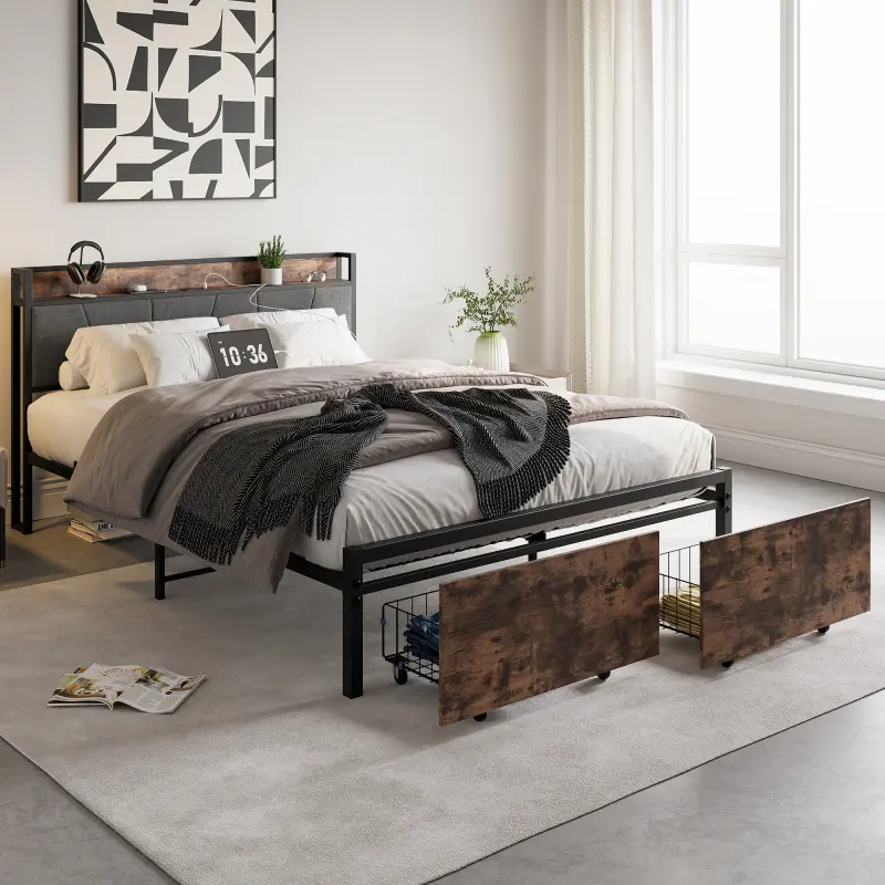 Queen Size + Brown + 2 Drawers