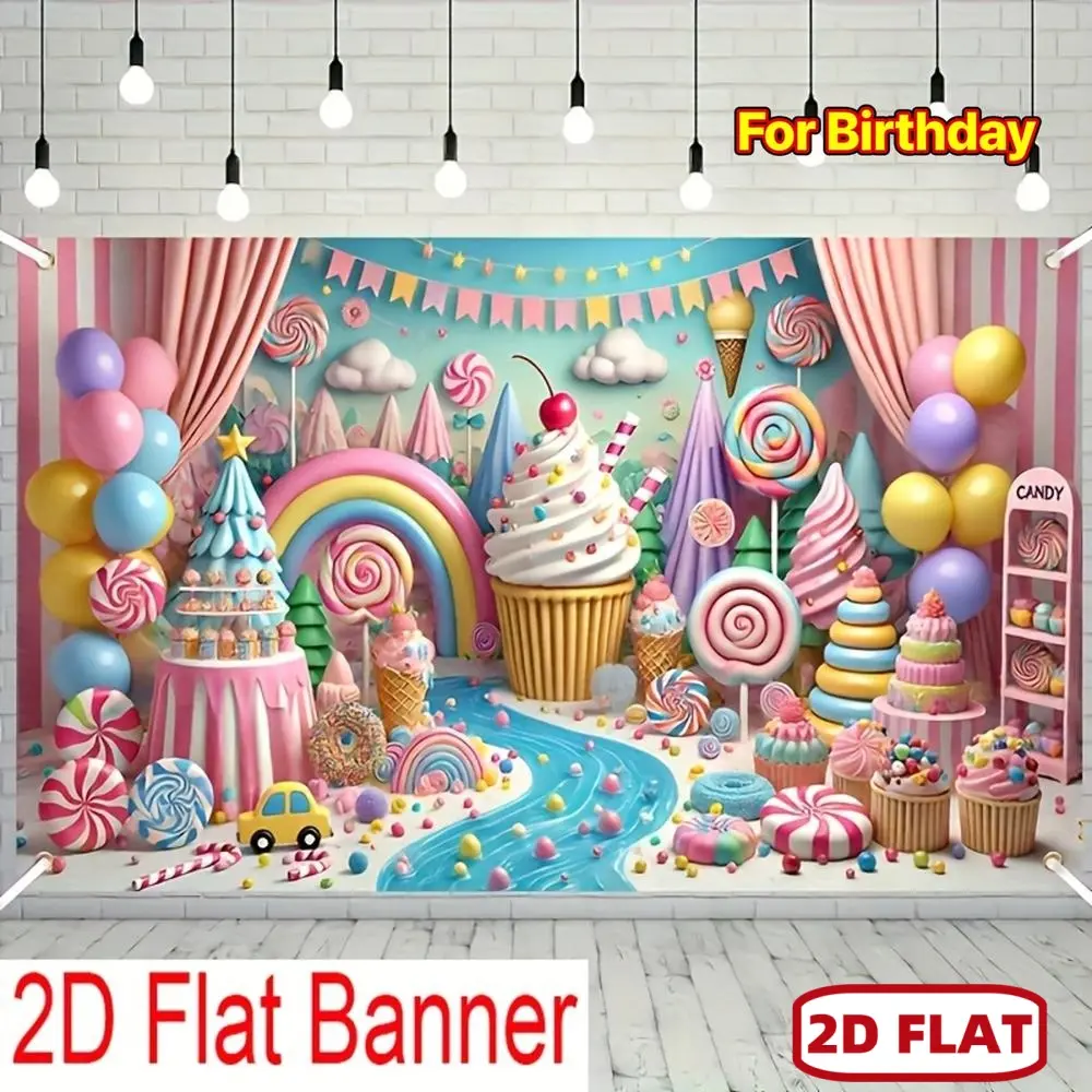 1pc Polyester 2D Flat Banner - Indoor Candy-Theme Birthday Decor with Giant Cupcake, Ice Cream, Lollipops, Rainbow for Vibrant Celebrations, Vibrant Sweet-Themed Celebrations