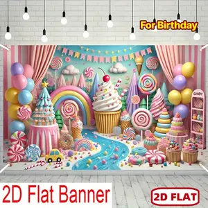 1pc 2D Flat A 2D Banner Measuring Made of Polyester, Featuring a Candy-Themed Birthday That Showcases a Vibrant World of Sweets, Including a Giant Cupcake, Ice Cream, Lollipops, And a Rainbow,