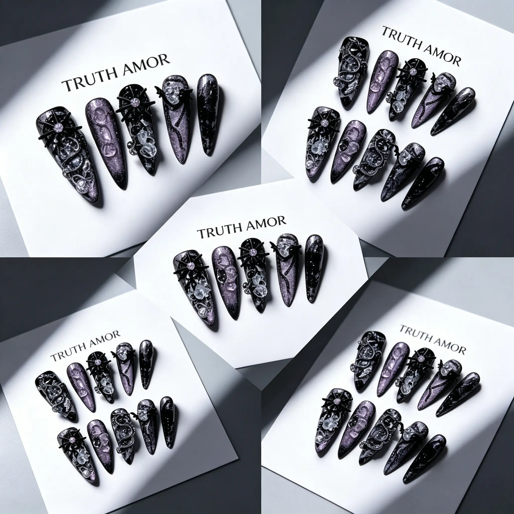 10Pack, Nail Art Supplies, TRUTH AMOR Gothic Nail Embellishments, Extra Long Sharp Stiletto, Black Purple Shimmer Gradient Base, Metallic Dragon & Spider Ornament With Clear Crystal, For Alt Daily & Dark Party Outfit, Manicure Trims, Decorative Nails