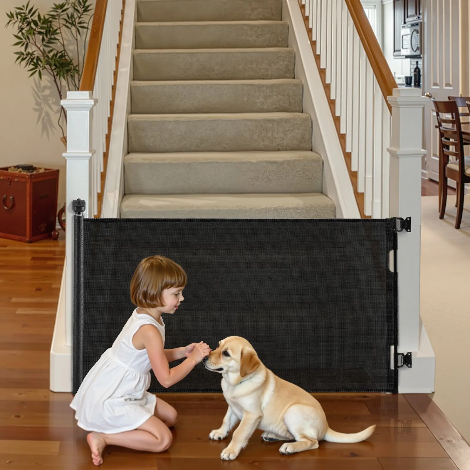【Summerfinds】VEVOR Retractable Safety Fence, Sturdy Safety Fence, 31.3 in Tall, Extends to 56.3 in Wide, with Security Lock, Walk-Through Tripping-Free Mesh Gate for Stairs, Hallways, Indoor/Outdoor Use, Black, Safety Fences Nursery Playpen