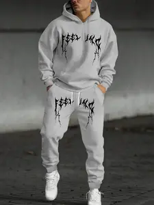 Men's Fashion Casual Graphic Print Zipper Hoodie and Sweatpants Set, Spring & Fall Long Sleeve Fitted Two-Piece