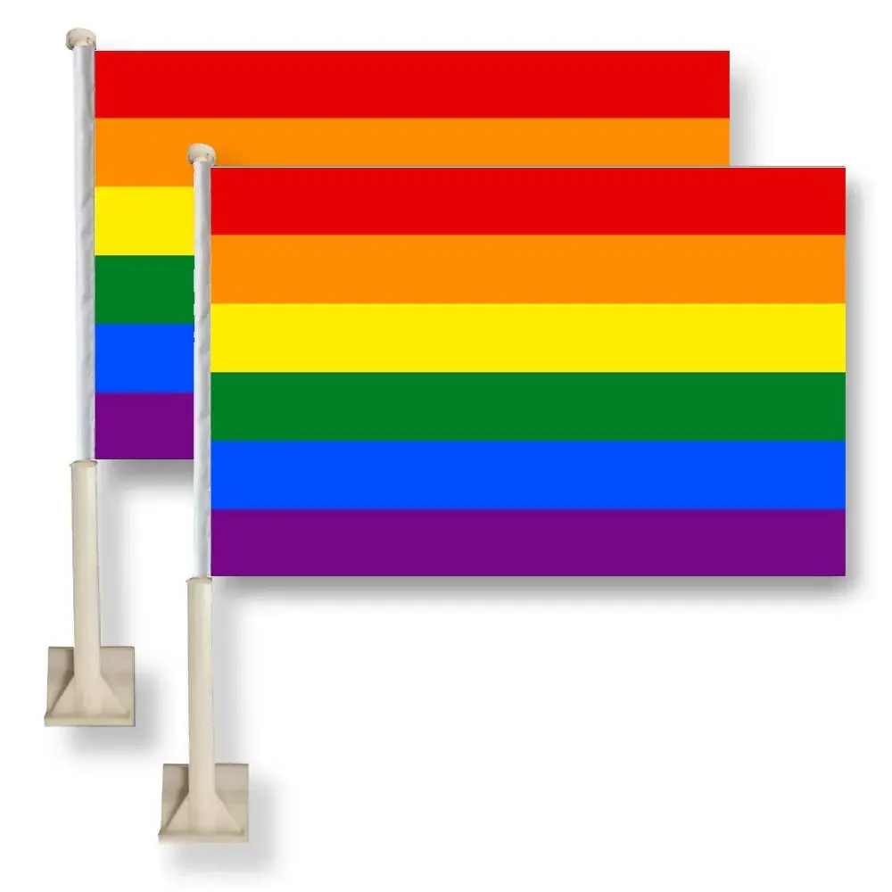 Rainbow Flags Car Window Flag -2 Pack- 11X16Inch(28x40cm) 100% Polyester, Strong White Flagpole