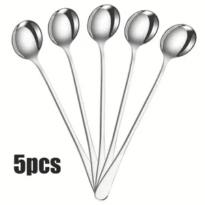 5 silver stainless steel long-handled iced tea spoons, long-handled coffee spoons, 7.55-inch ice cream spoons, Dinnerware spoons, suitable for home, tea party, restaurant, mirror polished, dishwasher washable