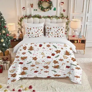 3Pcs Christmas Gingerbread Man Candy Cane Pattern Decorative Duvet Cover Set, Including 1 Duvet Cover and 2 Pillowcases, No Filling, Suitable for Bedrooms, Hotels, School Dormitories, Perfect Christmas Gift