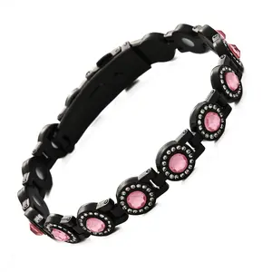 Luxury Black Titanium Steel  Bracelet, Adorned  Pink Gemstones,  Bracelet  Diamonds, Adjustable Ladies' Bracelet, Valentine's Day Gift, Stylish & Wellness Present, Relieves Fatigue & Boosts Energy Bible Verse cubic zirconia magnetic with
