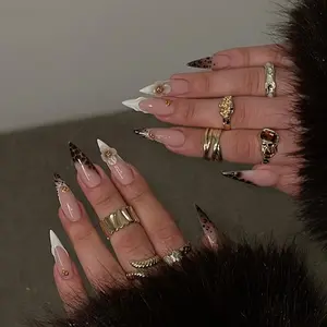 Elegant 3D Flower Leopard Print French Tip Long Stiletto Press On Nails