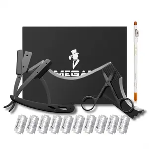 Megan Beard Shaping Tool,5 Piece Set Beard Shaper - Include Professional Straight Edge Razor,beard Template,10 Count of Double Edge Blades,barber Pencil and Stainless Steel Scissors,Car Interior Accessories Kit Shaver Haircare Heatless