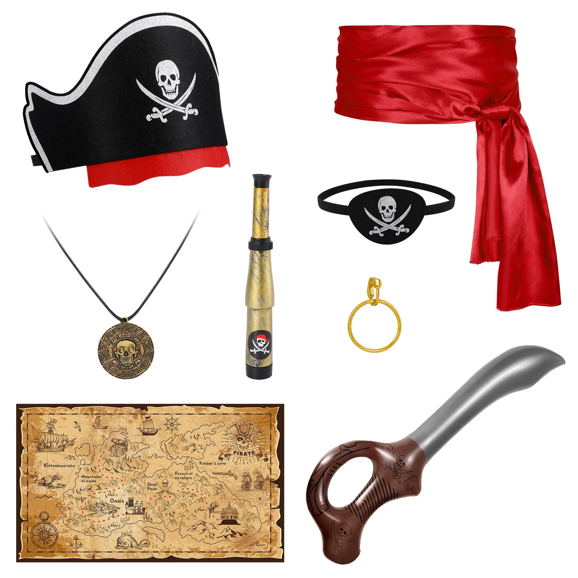 8Pcs Pirate Costume Accessories Set for Kids & Adults, Pirate Hat Red Sash Headscarf Eye Patch Necklace Telescope Earring Inflatable Sword Treasure Map, Halloween Cosplay Pirate Dress‑up Party Supplies