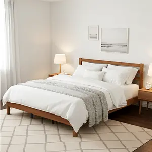 Wood Bed Frame with Headboard - Walnut Finish, Solid Wood Slat Support System, No Box Spring Required