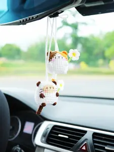 Crochet Kitten Car Mirror Hanging Accessory, Kawaii Calico & Siamese Cat Rear View Mirror Charm, Cute Car Interior Accessories for Women Crochet Animals