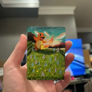 Hand Painted Charmander Card Featuring Vibrant Landscape and Colorful Flowers for Collectors *Altered Card*