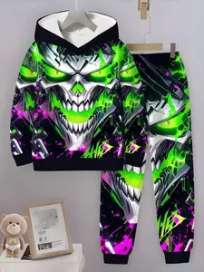 Boys' 3D Print Hooded Sportswear Set, Casual Fitted Cut for Spring & Fall, Suitable for Outdoor Activities, Ages 13 and Below