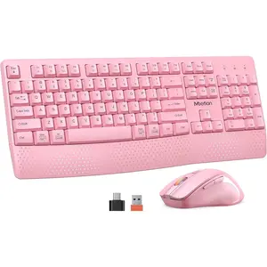 Wireless Keyboard & Mouse Combo with Wrist Rest – Full-Size, 2.4GHz, 3-DPI Mouse, Pink