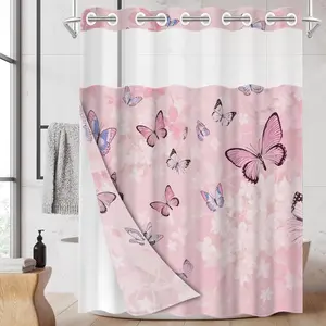 1pc hookless shower curtain with buckle lining, spring-themed butterfly and floral design, 2D flat printing, fabric waterproof lining, see-through double-layer shower curtain, 71 x 74 inches, modern home draping curtain, Bathroom Curtain