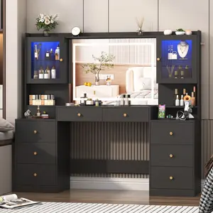 62inch Large Vanity Desk w/ Tempered Glass Top,60000-color LED Lights,Power Outlet, Make up Vanity w/ 3 Lights Mode LED Mirror, Drawers, 2 RGB cabinets LEDs Vanitys Table for Women,Girls