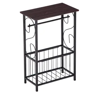 Bathroom Side Table with Toilet Paper Holder and Magazine Basket, Metal Frame with Faux Wood Top, Dark Brown, Practical Storage Stand for Small Spaces