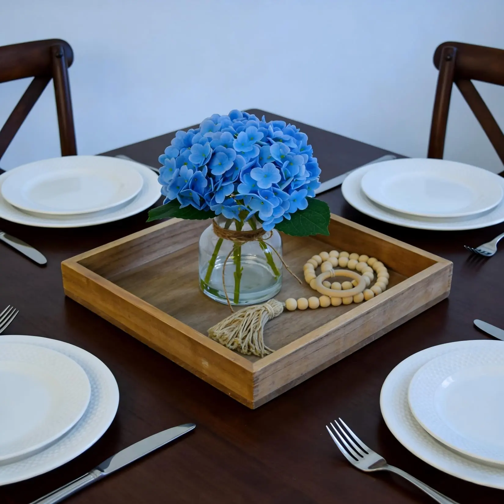 Real Touch Hydrangea Artificial Flowers in Vase with Wood Bead String, Lifelike Faux Hydrangea Flowers for Home Decoration, Fake Flowers Centerpiece for Table, Bathroom, Office & Water Bar,Blue