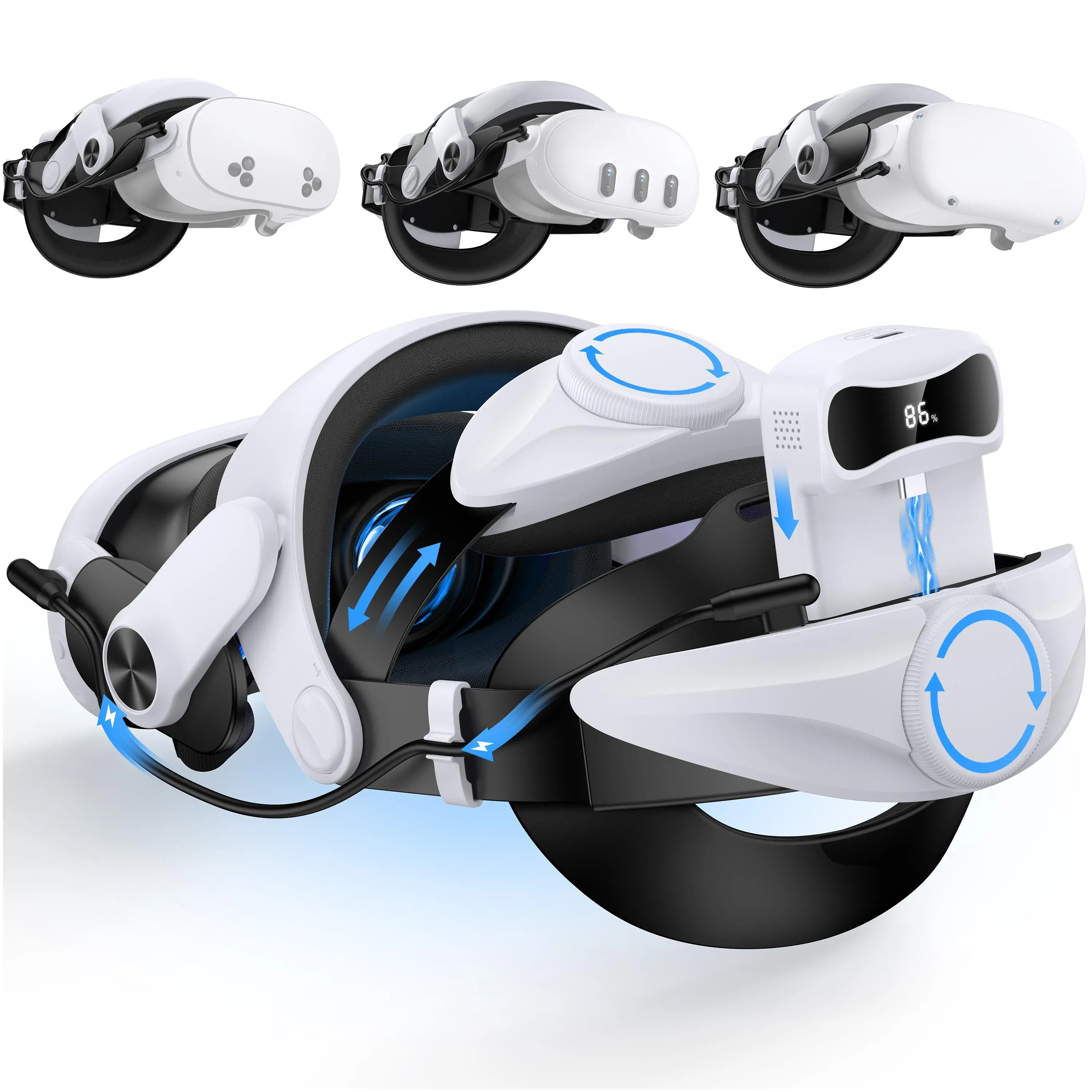 BEBONCOOL The enhanced elite headset is suitable for Quest 2/Quest 3 VR, with four-way adjustment up and down, front and back, and the direct-plug 7500mAh rechargeable battery provides the host with about 2-3 hours of battery life.