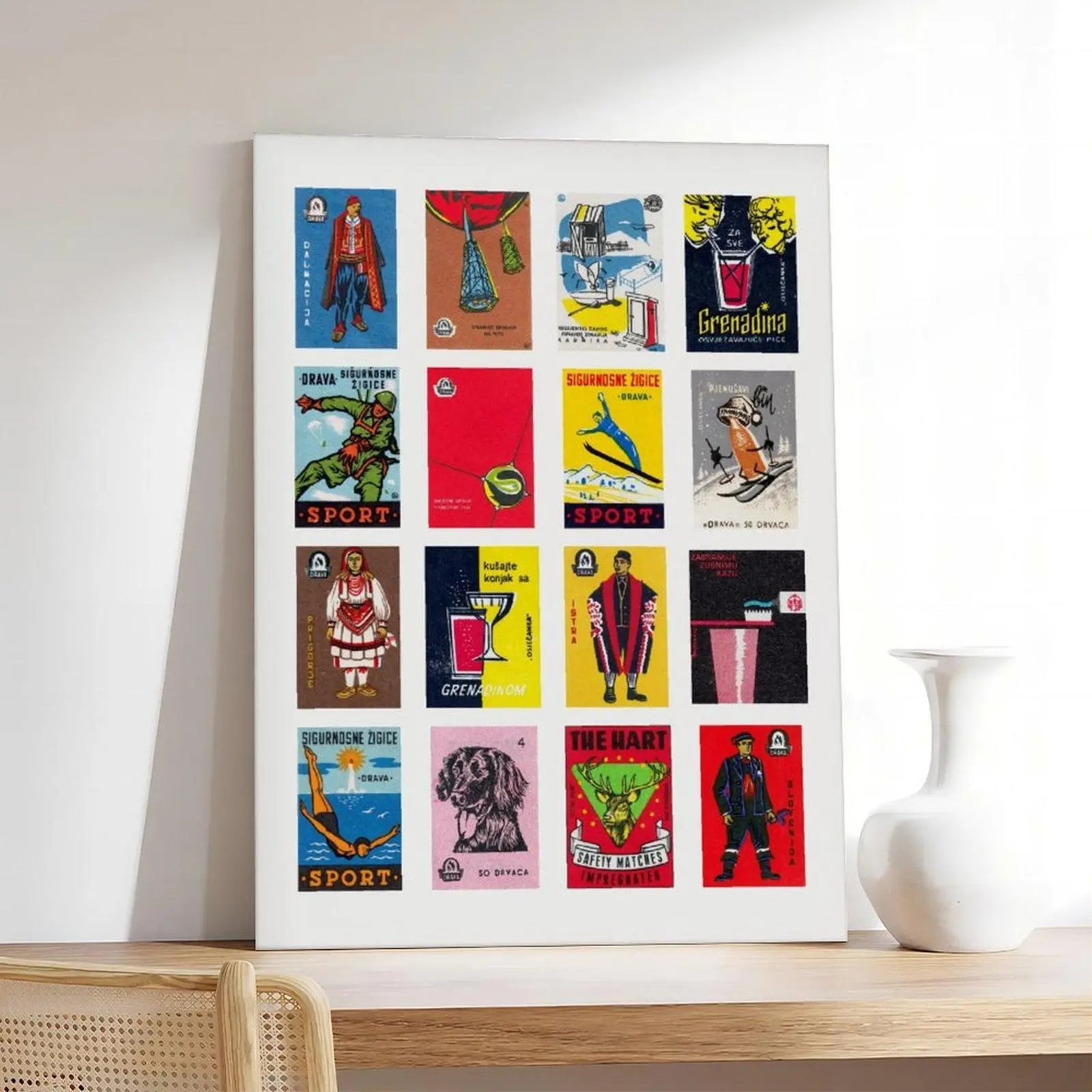 Croatian Label Collage Wall Print - 4#B Vintage Ephemera Midcentury Typography Language Collection with Logos, Graffiti, Comic Book, Graphic Designs, Retro Educational Art, Durable Multi-Size Posters & Canvas Art for Children's Room; Metal Sign Option