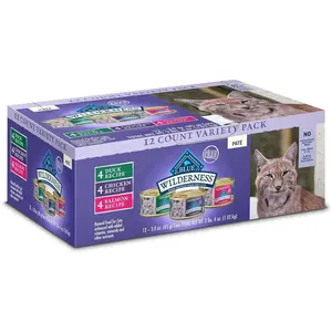 Blue Buffalo Wilderness High Protein, Natural Adult Pate Wet Cat Food Variety Pack, Chicken, Salmon, Duck 3-oz Cans (12 Count- 4 of Each Flavor)