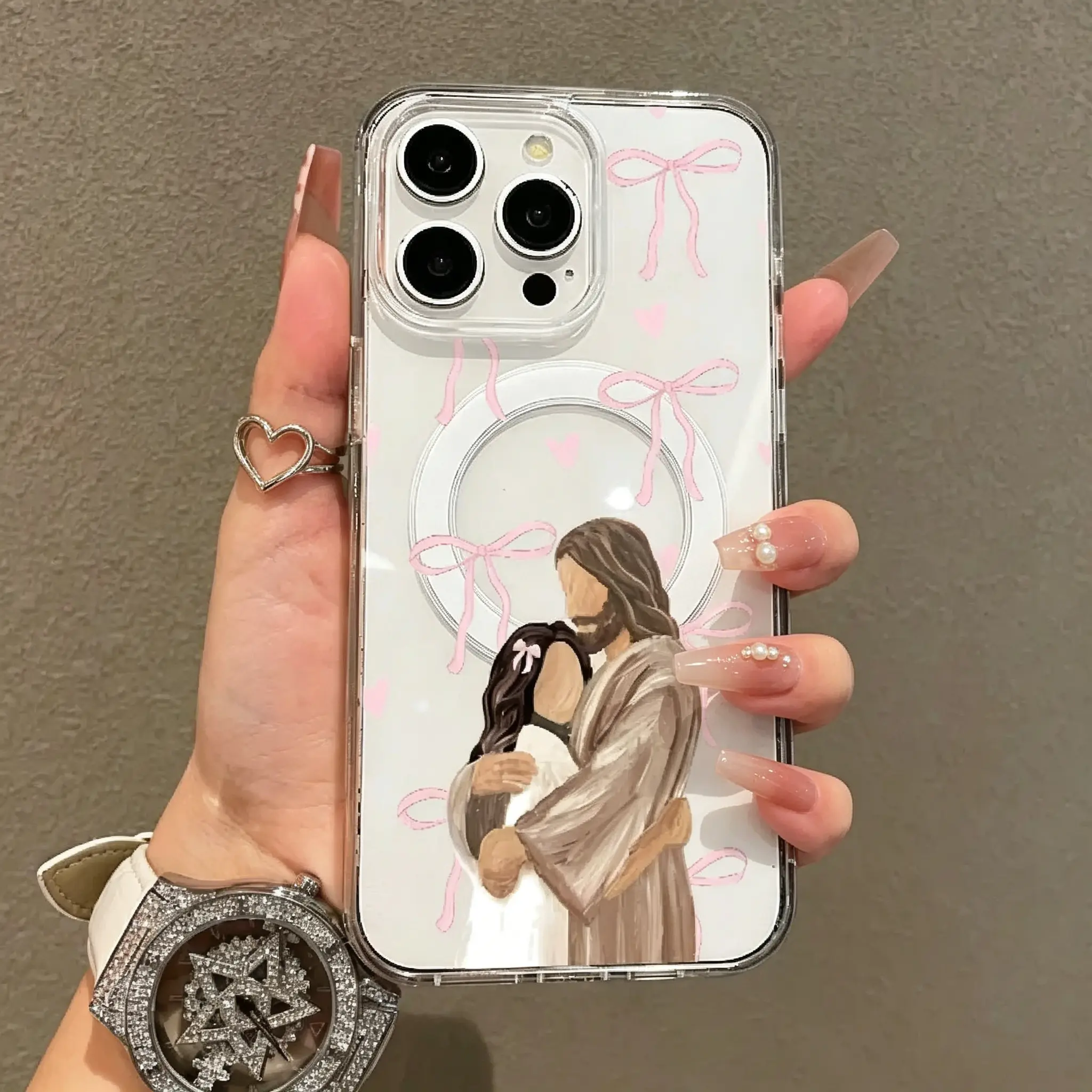 Magnetic TPU Silicone Cellphone Cover, Shockproof Ultra-Slim Lightweight Carry Phone Accessory with Blush Pink Jesus Hug Design & Camera Protector, Supported for iPhone X/XS Max/11/12/13/14/15/16/16E/17E/17 Pro Max (Cellphone Accessories), Iphone 17
