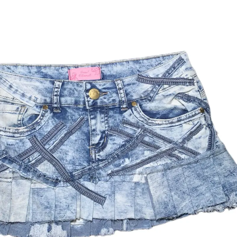 Jean Reworked Mini Women's Bottom, Blue Denim with Ribbed Design and Casual Style - Womenswear Basic