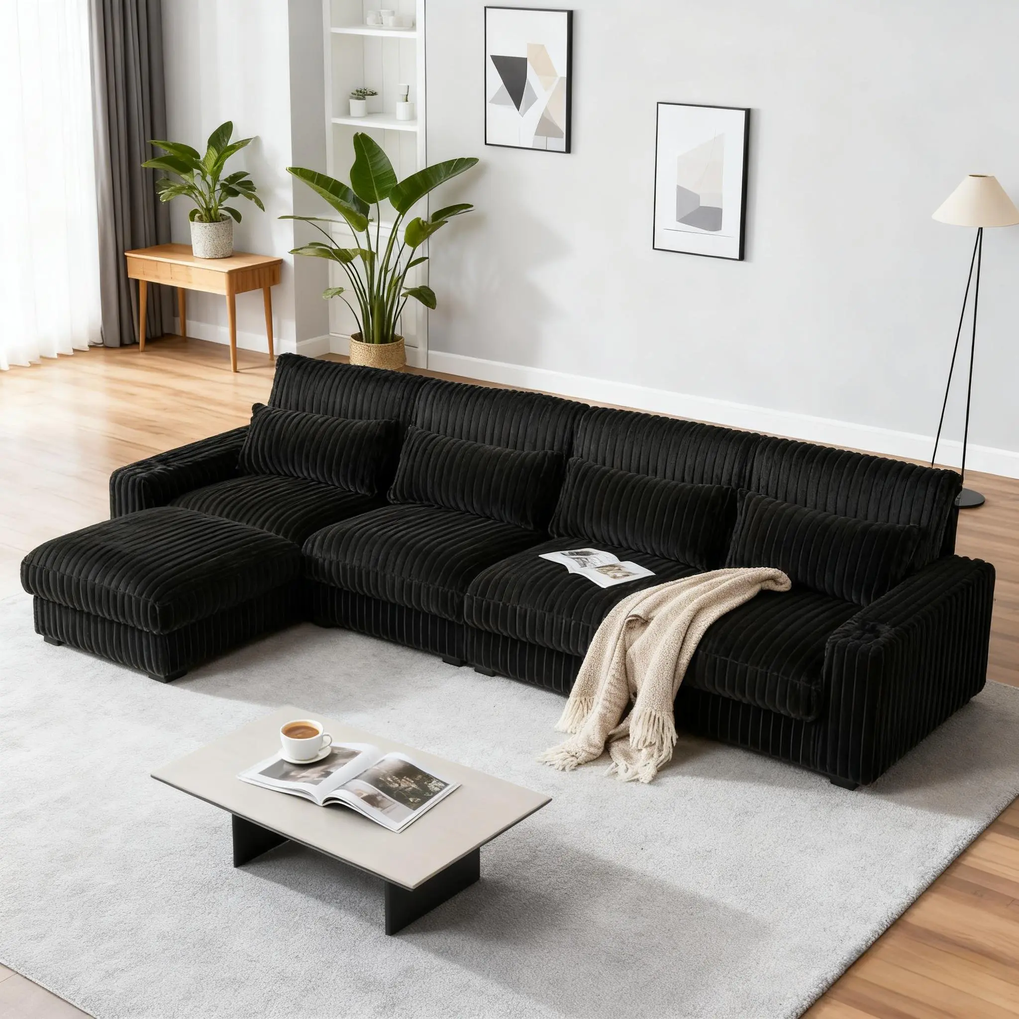 【3-Piece Set 】Niccae 126" Oversized Sectional Couch for Living Room, L-Shaped Modular Corduroy Sofa with Ottoman, Cup Holders, 4-Seater Convertible Design, Charge Port, Waist & Back Pillows