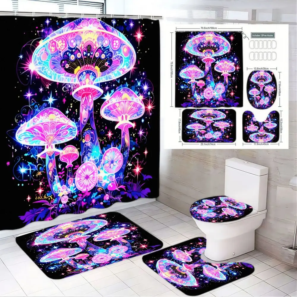 1/4pcs Psychedelic Neon Mushroom Bathroom Set, Bathroom Decor - Large Shower Curtain with Black Background, Pink Blue Star-Patterned Mushrooms, Matching Toilet Lid/Seat Cover & 2 Bath Mats, Electric Hues Trippy, Perfect for Music Festival, Retro