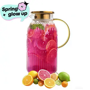Glass Pitcher with Lid, 68 oz/ 2 Liter 2Pack Vintage Water Pitcher,Glass Water Carafe for Cold Brew, Coffee, Lemonade, Iced Tea,Beverage, Heat Resistant Jug