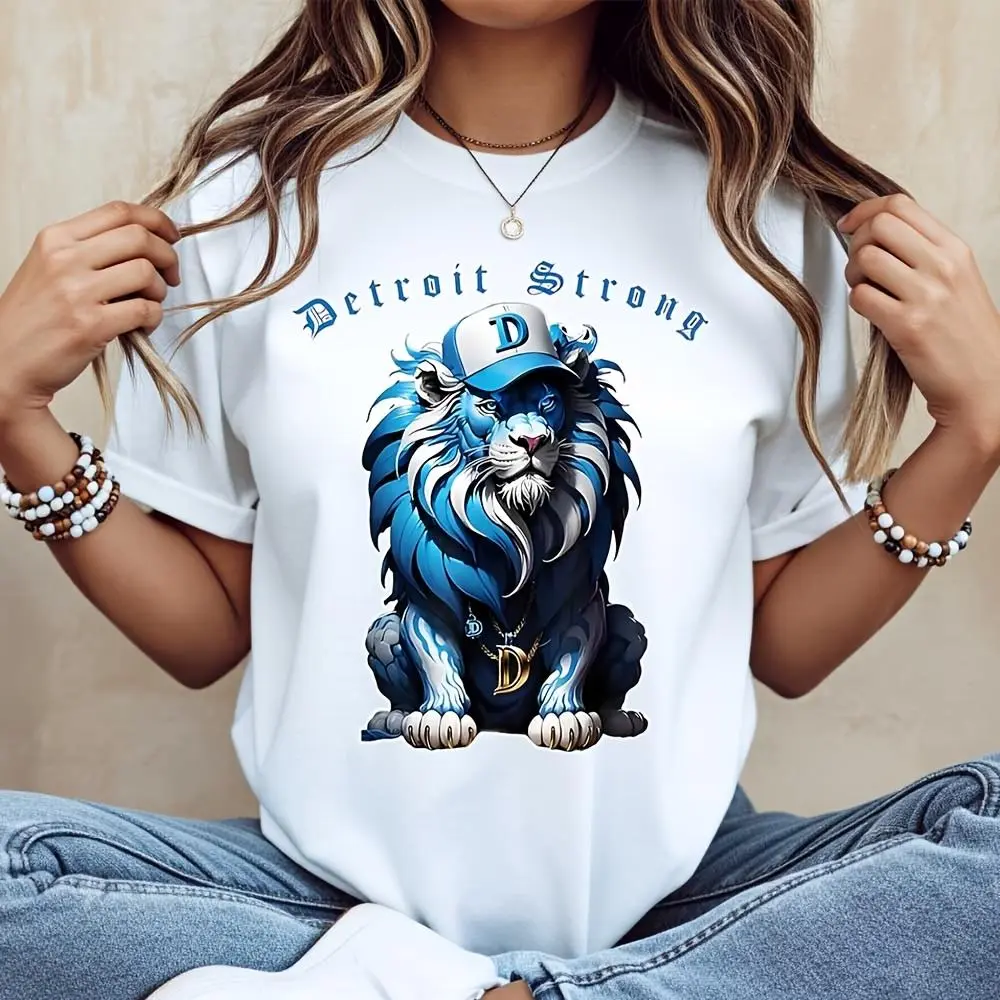 Detroit Strong Blue Lion Graphic T-Shirt, Sports Fan Apparel, Casual Daily Wear