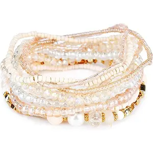 Bohemian Crystal Beaded Stackable Bracelets Handmade Colorful Crystal Pearl Seed Beads Bracelets for Women Jewelry