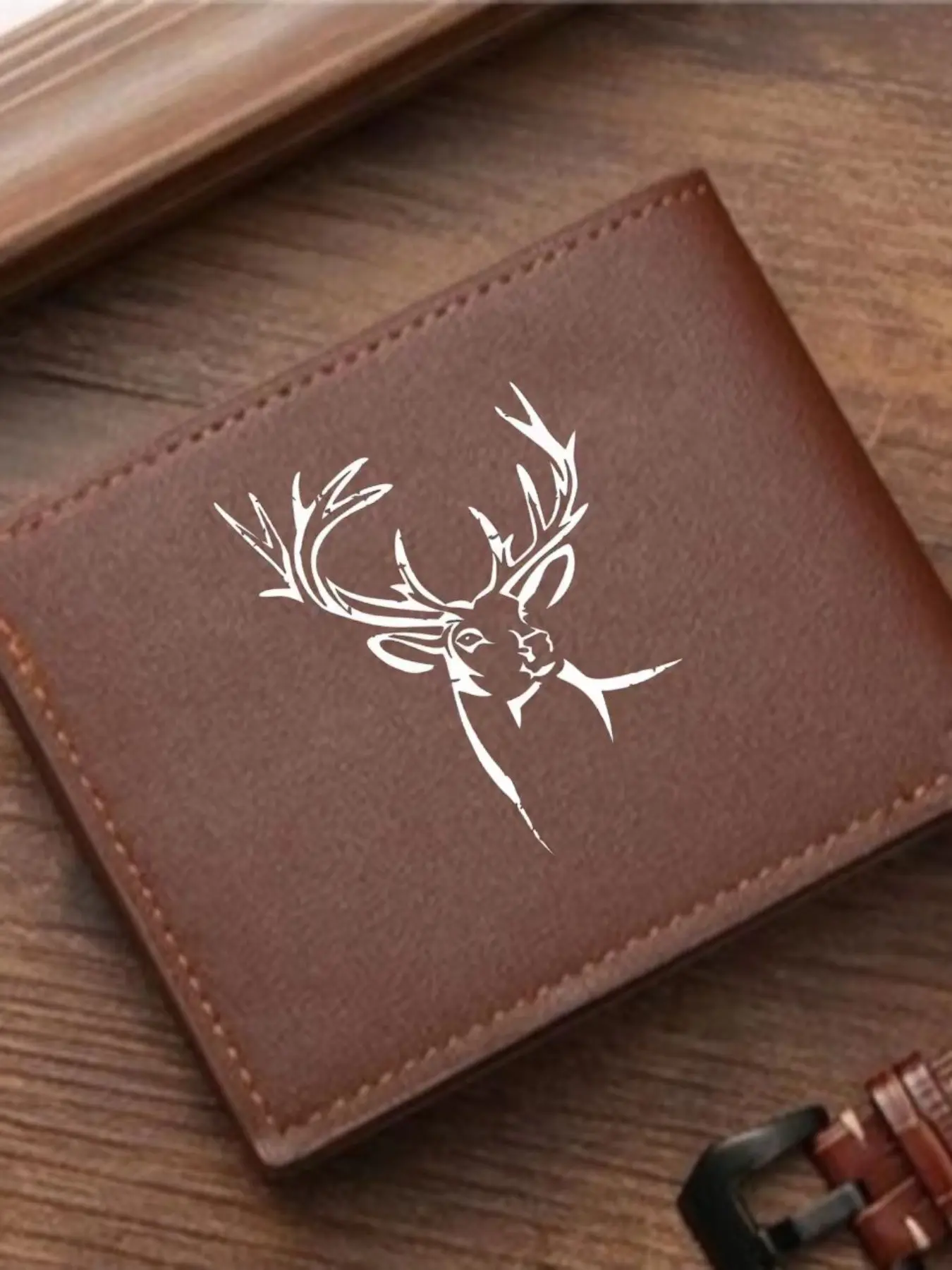 Men's Deer Head Print Wallet, Trendy Stag Silhouette Design, PU Leather Card Holder, Casual Wildlife Theme Accessory, Western Style Wallet, Fashionable Wallet, Stylish Wallet, Western Wallets
