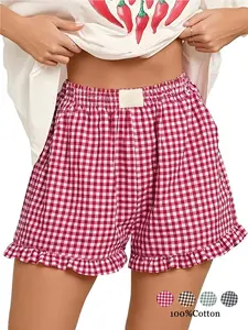 Women's Plaid Shorts Fashion Casual Elastic Waist Pocket Sleepwear Womenswear Full Cotton Breathable Versatile Loose Shorts Y2K Girls Leisure Shorts