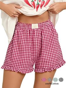 Women's Plaid Shorts Fashion Casual Elastic Waist Pocket Sleepwear Womenswear Full Cotton Breathable Versatile Loose Shorts Y2K Girls Leisure Shorts Pajamas Loungewear