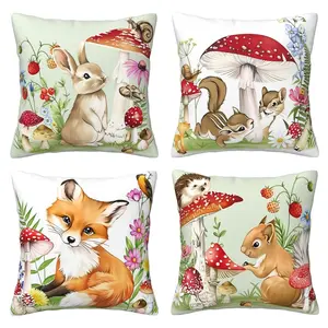 Spring Forest Animal Pillow Cover, Rabbit Squirrel Mushroom Flower Pattern Decorative Pillow, Suitable for Sofa Decoration, 4-piece Set with Double sided Printing