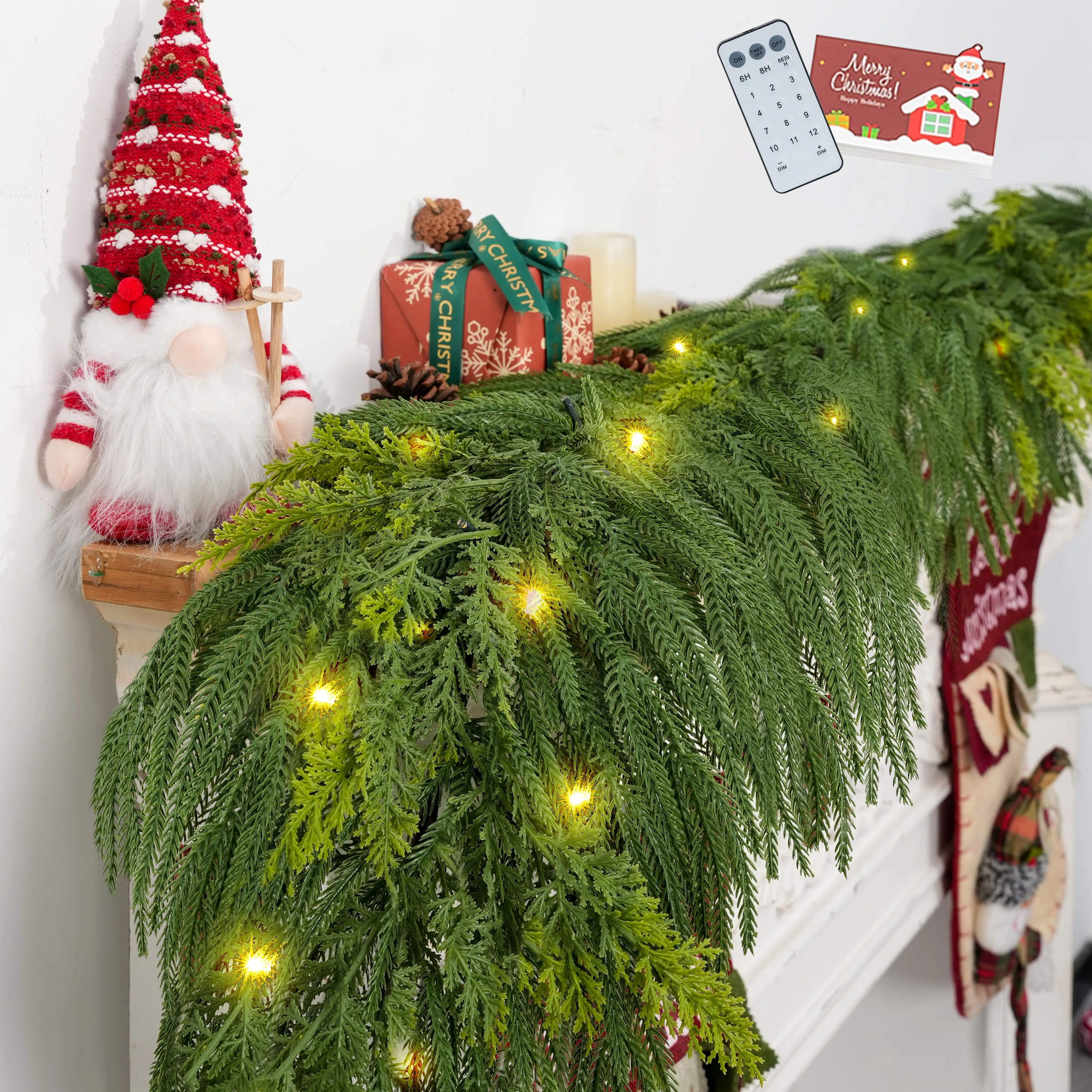 Christmas Garland with Lights for Decorations: 6ft Pre Lit Norfolk Pine Garland for Fireplace Stairs - Remote Timer 30 LEDs 12 Lighting Modes - Artificial Xmas Garlands Door Table Decor