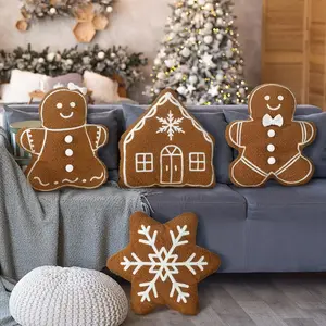 4pcs Cute Christmas Plush Pillows 🎅✨ – Gingerbread Men, Gingerbread House & Snowflake Shapes. Cozy festive cushions for couch, bed, or holiday party decor!
