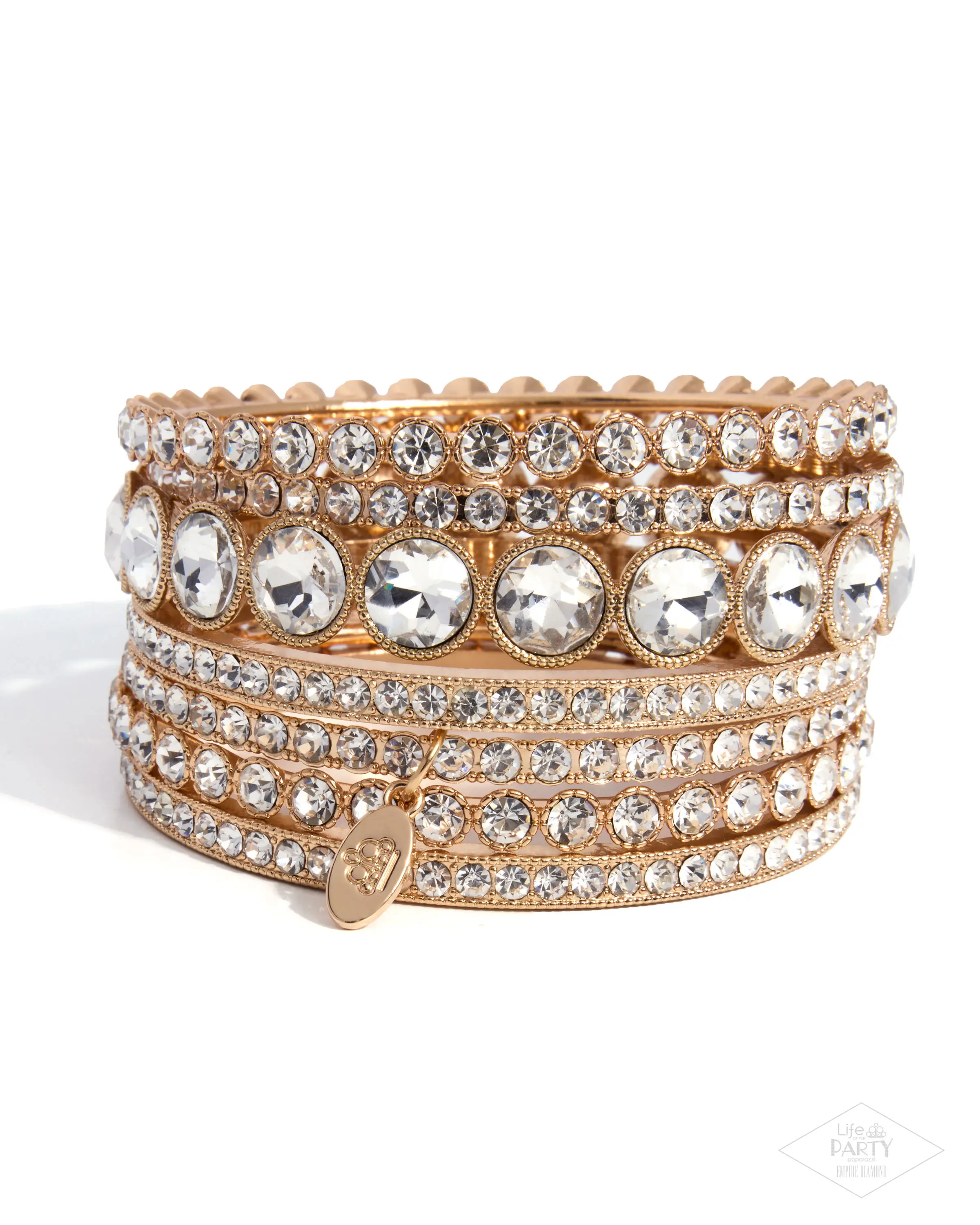 Zi Collection by Paparazzi 'Future Fashionista' - Glittery White Rhinestones Gold Bangles Set of Seven Elegant Mismatched Bracelets, Spellbinding Sparkle