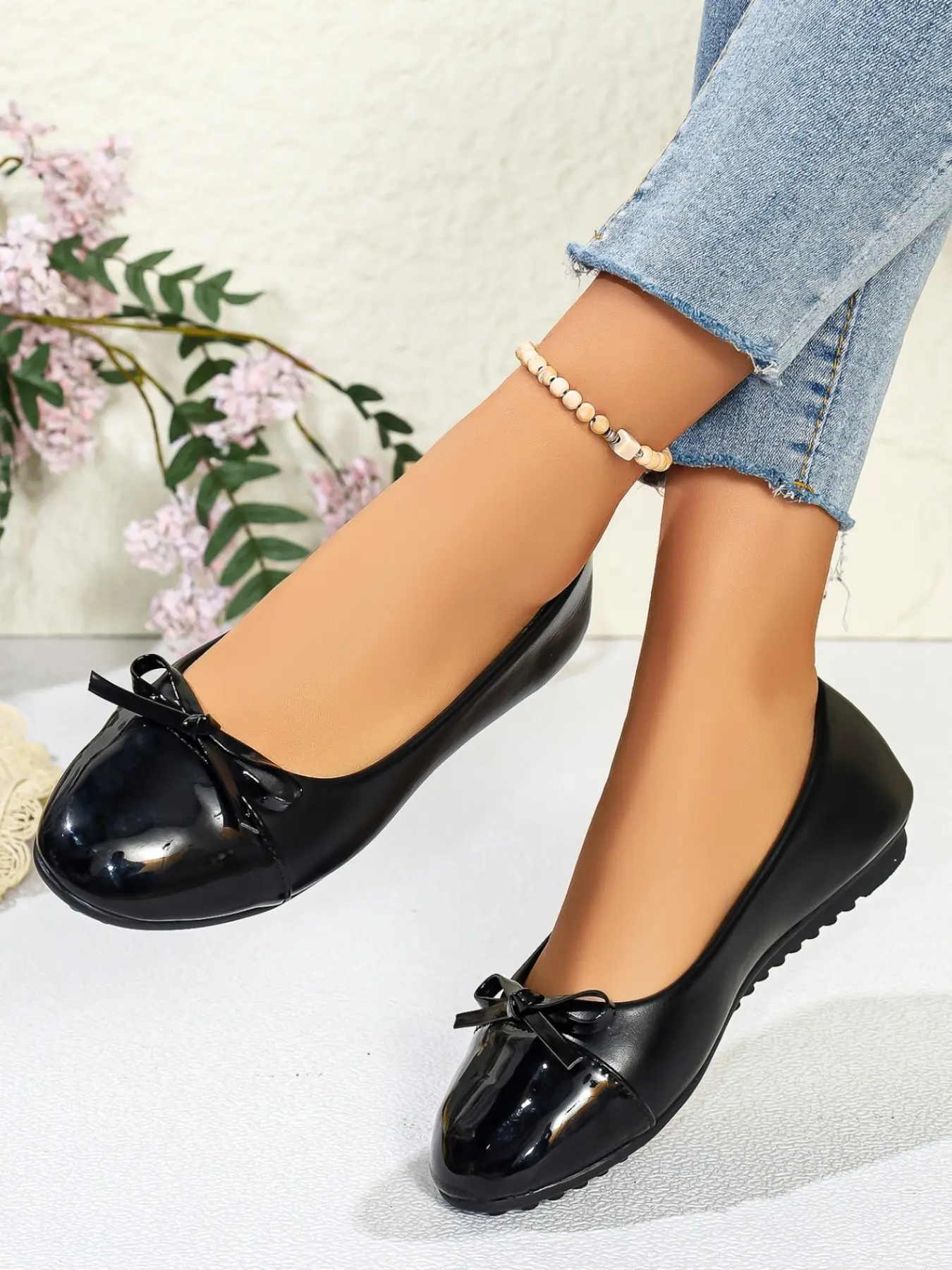 Elegant Bow Heeled Ballet Flats, Glossy Leather Toe, Comfortable Invisible Heel, Perfect for Office & Dates, Versatile Wardrobe Essential
