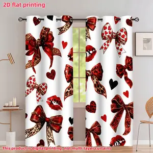 2D Flat 2Pcs Red Leopard Print Bow & Heart Pattern Window Curtains, Semi-Sunshade Polyester Fiber Drapes for Home Living Room, Bedroom, Balcony, Kitchen, Study Decoration, Anti-Privacy, Accessory .