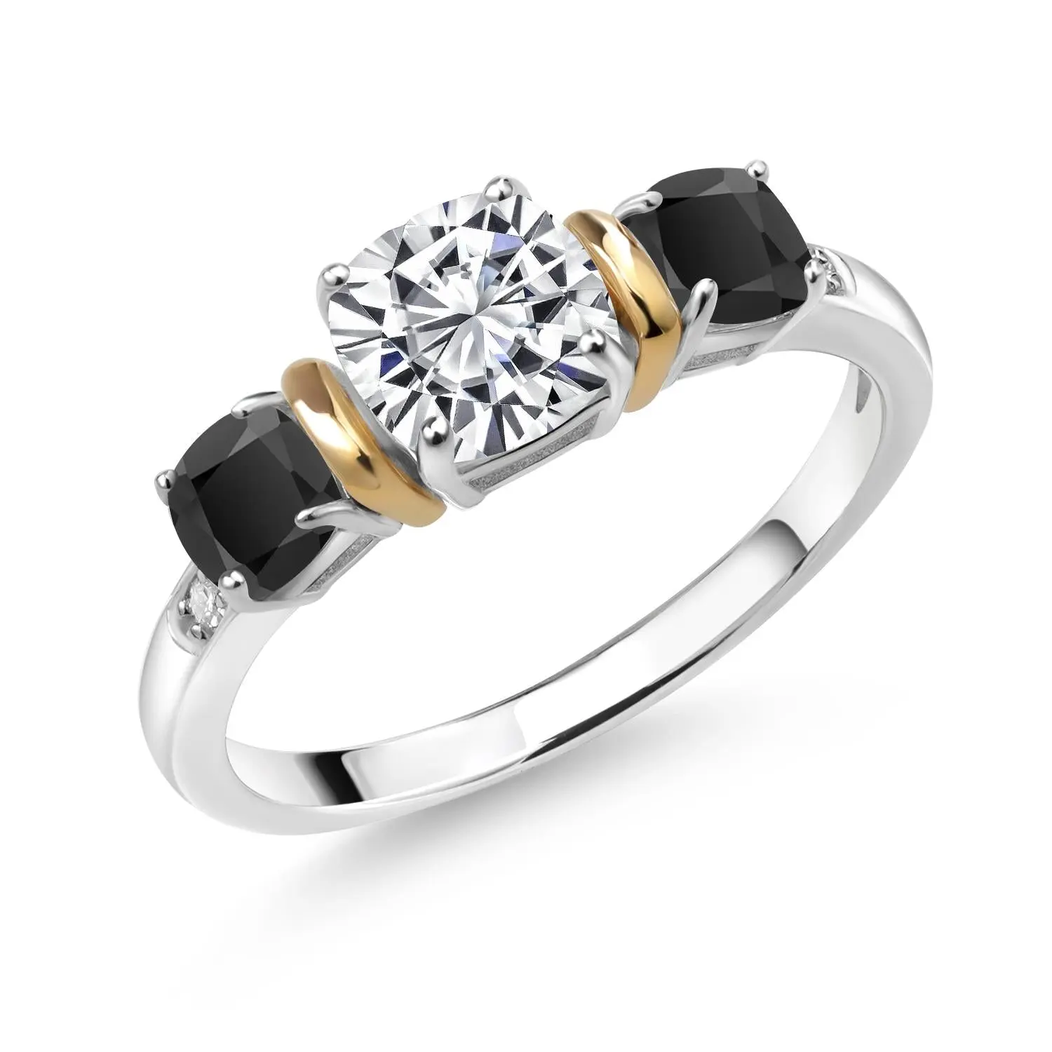 Gem Stone King 925 Silver & 10K Yellow Gold IGI Certified Lab Grown Diamond and Onyx 3 Stone Ring For Women | 1.58 Cttw | 1 Ct Center Cushion Cut Diamond | D-E Color VS1-VS2 Clarity