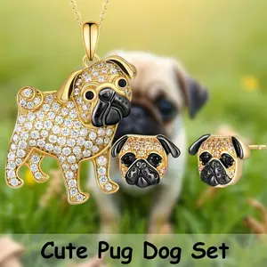 3 Pcs/Set Adorable Cute Pug Alloy Pendant Necklace and Matching Earrings Jewelry Gift Set - Stylish Fashion Accessory for Birthday, Christmas, Valentine's Day Presents to Family, Friends, Pet Lovers - Perfect Party, Daily Wear Jewelry for Her
